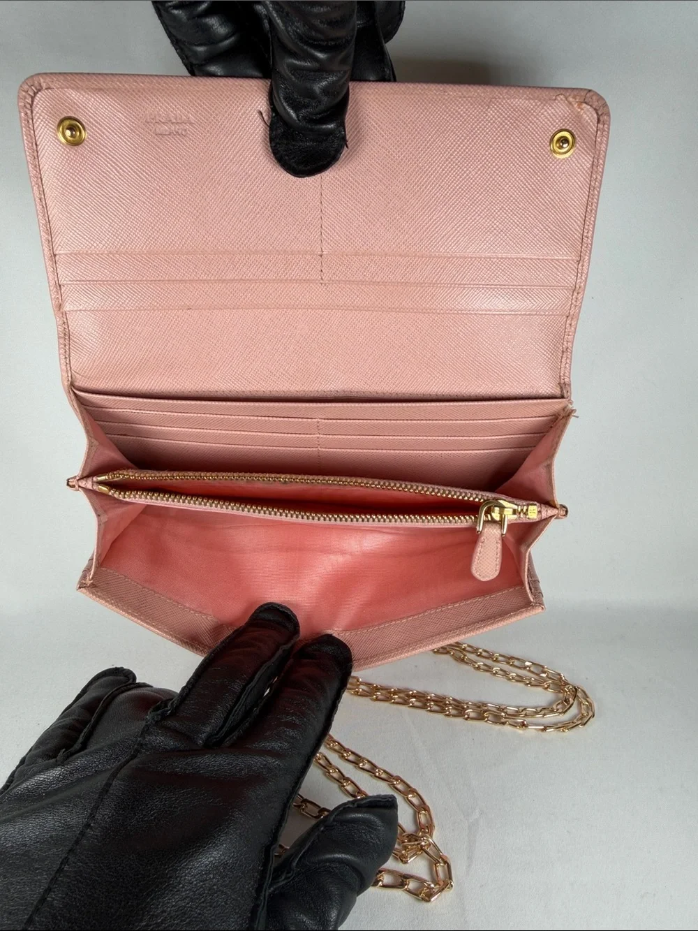 Authentic Prada Pink Bow-Detail Wallet with chain
